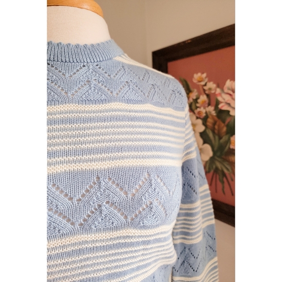 70s Pointelle Long Sleeve Cutwork 1970s Vintage Blue Striped Vintage Sweater - Picture 11 of 16